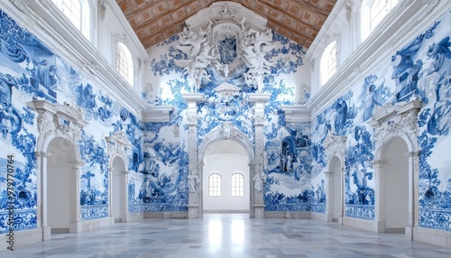 An ornate Portuguese church altar decorated with azulejos depicting religious scenes in soft blue and white, capturing the spiritual and artistic essence of the Iberian tradition