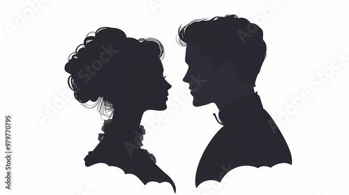 Vintage silhouette profile of victorian woman and man. elegant silhouette of a female and male lovers. bun hairstyle. monochrome gamma. ai generated. Silhouette. Illustration