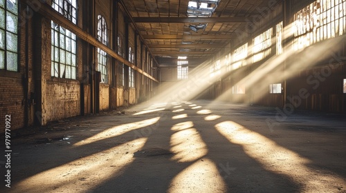 A perspective view of an abandoned industrial warehouse  with sunlight streaming through broken windows and casting long shadows on the dusty floor