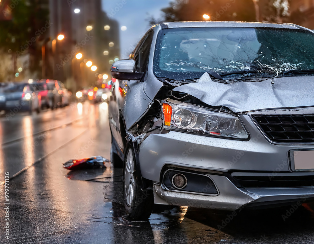 Naklejka premium Car accident on the road in the city in the rainy evening. Car insurance concept.