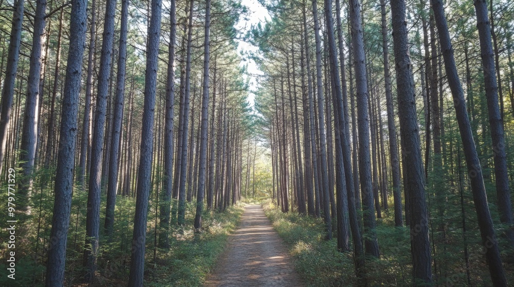 Fototapeta premium A perspective view of a dense forest, with tall pine trees lining both sides of a narrow dirt trail. The sunlight filters through the trees, creating a serene and peaceful atmosphere
