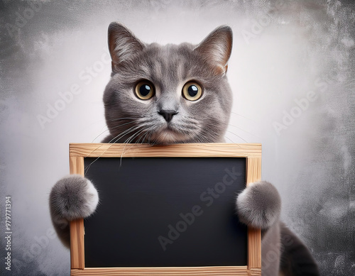 Scottish Fold cat holding blank blackboard on grey white background. copy space photo