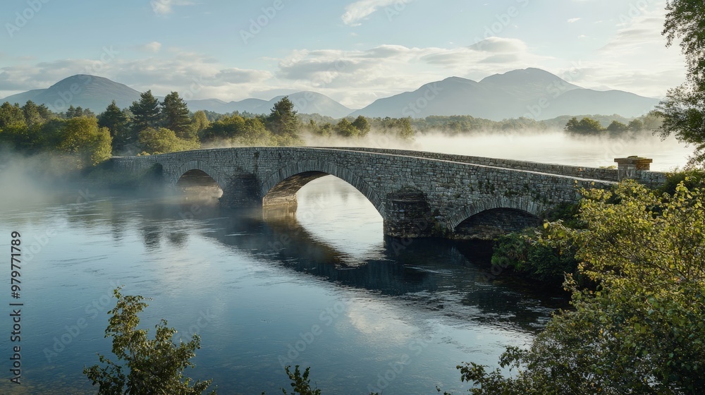 A perspective shot of an ancient stone bridge crossing a wide river, with mist rising off the water and mountains in the distance A perspective shot of an ancient stone bridge crossing a wide river, with mist rising off the water and mountains in the distance