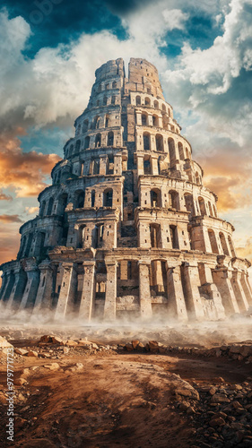 The Tower of Babel. Found in Genesis 11:1-9. To prevent them from completing the tower, God confused their language, causing them to speak different tongues. Unable to communicate effectively photo