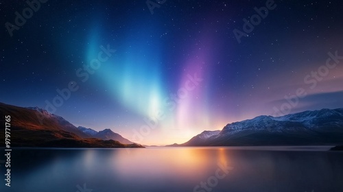 Aurora Australis, night sky over rugged coastline, isolated serenity.