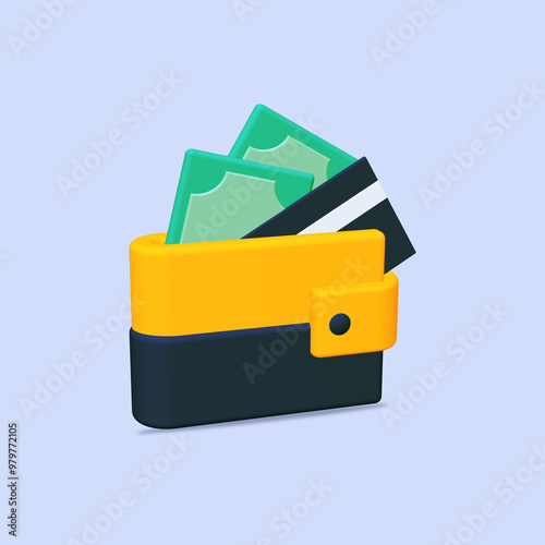 3D wallet with debit card and money