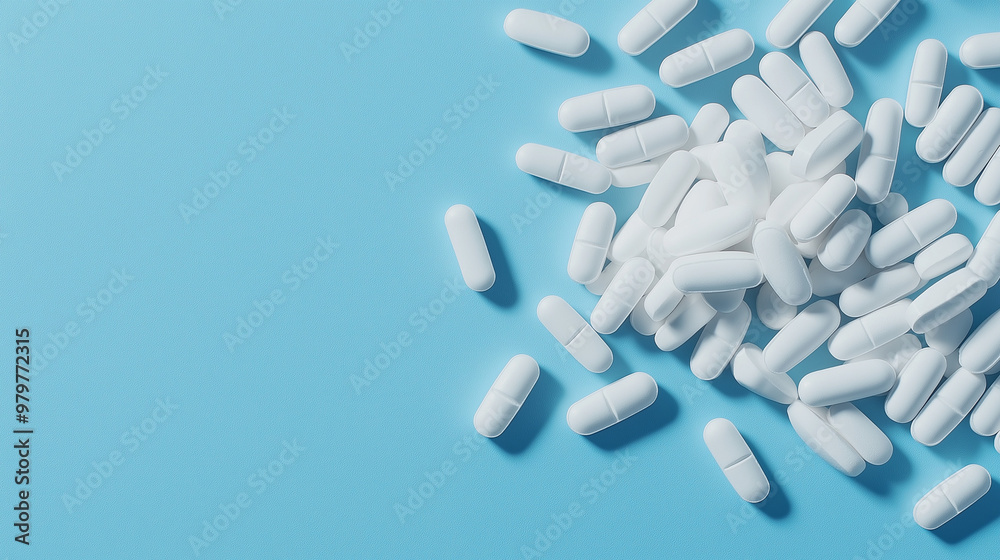 white colors heap of pills isolated on blue background white colors heap of pills isolated on blue background