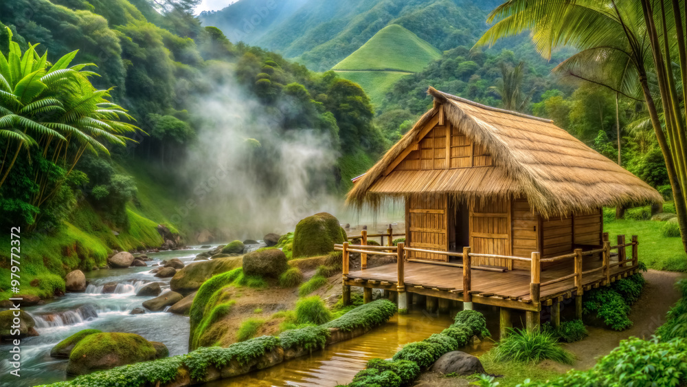Bamboo Hut in Geyser Valley, Beautiful Scenic Spot Bamboo Hut in Geyser Valley, Beautiful Scenic Spot