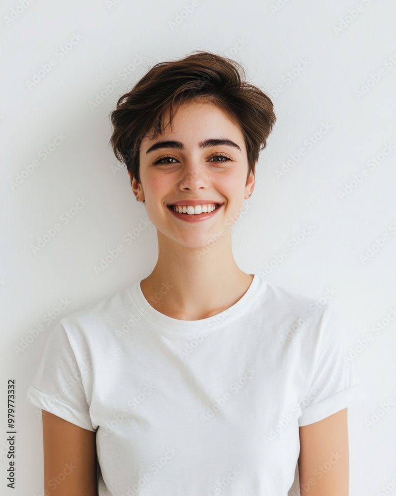 Cheerful young woman smiling brightly in a simple white t-shirt against a light wall Cheerful young woman smiling brightly in a simple white t-shirt against a light wall
