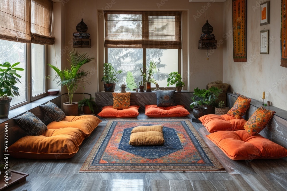 Spacious meditation room with orange theme featuring cushions and a large window Spacious meditation room with orange theme featuring cushions and a large window