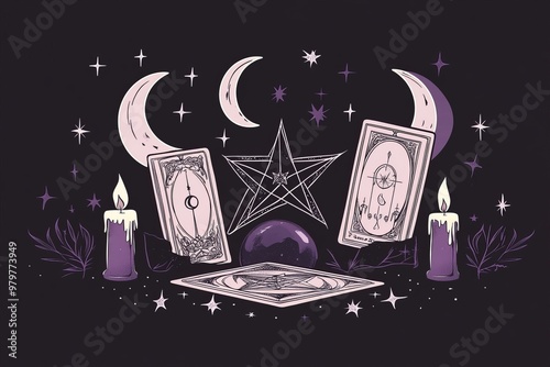 An illustration of tarot cards and candles, in a purple and pink palette, in a vector style with a flat design, on a dark background, with witchy vibes, pentograms, a moon and stars. photo