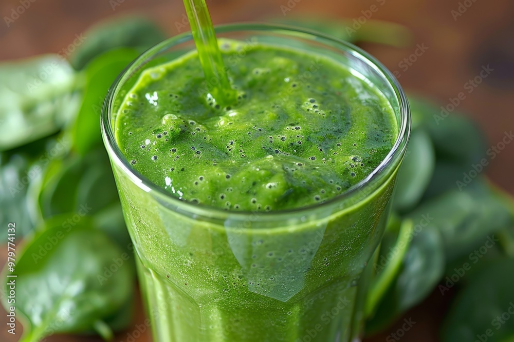 Glass of spinach smoothie surrounded by fresh spinach leaves Glass of spinach smoothie surrounded by fresh spinach leaves