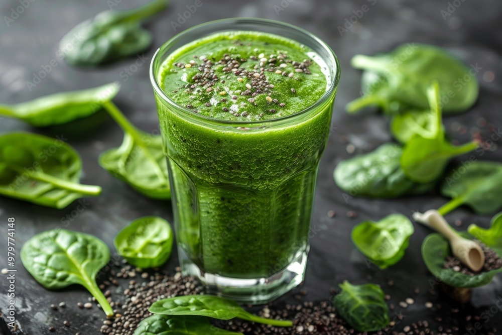 Glass of spinach smoothie surrounded by fresh spinach leaves