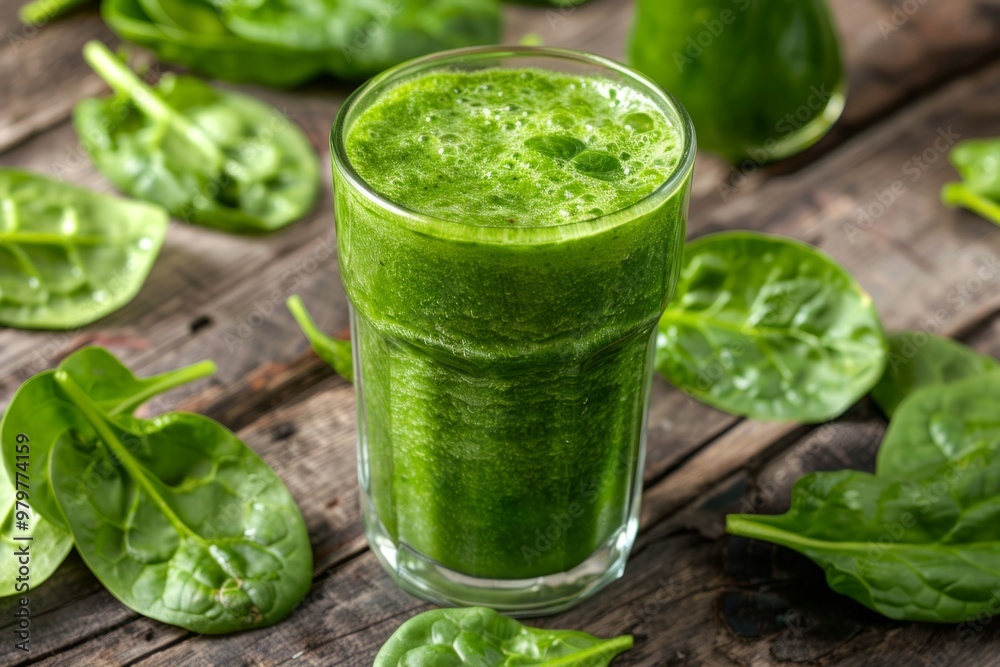 Green smoothie surrounded by fresh spinach leaves on rustic wooden table Green smoothie surrounded by fresh spinach leaves on rustic wooden table