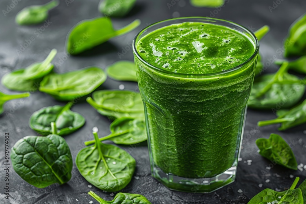 Green smoothie surrounded by fresh spinach leaves on rustic wooden table Green smoothie surrounded by fresh spinach leaves on rustic wooden table