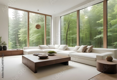 A modern living room with large windows overlooking a lush, green forest. The room features a large, L-shaped sectional sofa with white upholstery and a low, wooden coffee table in the center. The ove photo