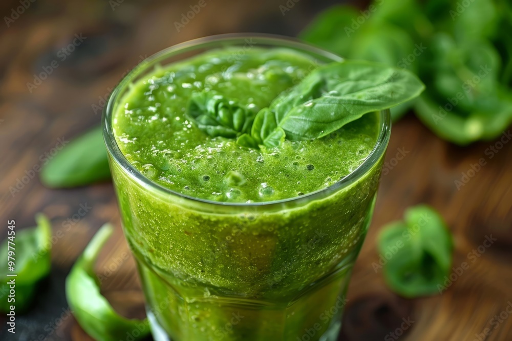 Glass of green smoothie with fresh spinach and basil leaves on wooden table Glass of green smoothie with fresh spinach and basil leaves on wooden table
