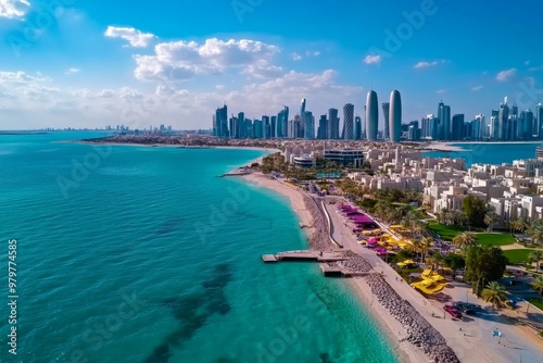 Aerial timelapse of Doha at night, showcasing the futuristic skyline along the Persian Gulf