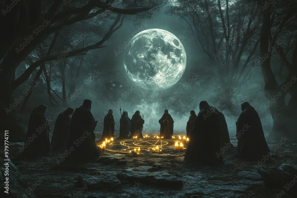 A circle of hooded figures standing around the glowing moon in an ancient forest, surrounded by candles and flickering torches. Occult Day. A circle of hooded figures standing around the glowing moon in an ancient forest, surrounded by candles and flickering torches. Occult Day.