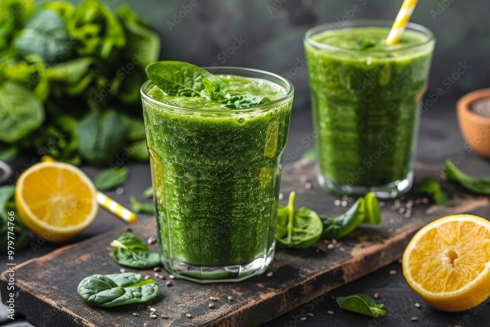 Green smoothie with fresh spinach leaves on wooden table Green smoothie with fresh spinach leaves on wooden table
