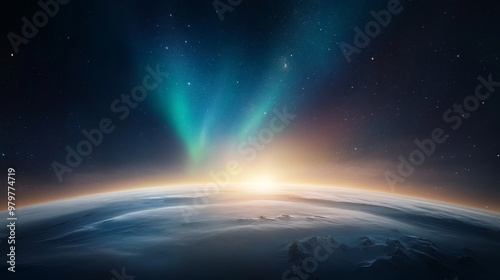 Aurora illuminating polar landscape, Southern Hemisphere glow.