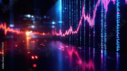 Empty stock market trading floor with graphs showing recession impact