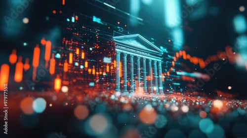 A bank surrounded by collapsing stock charts, symbolizing monetary recession