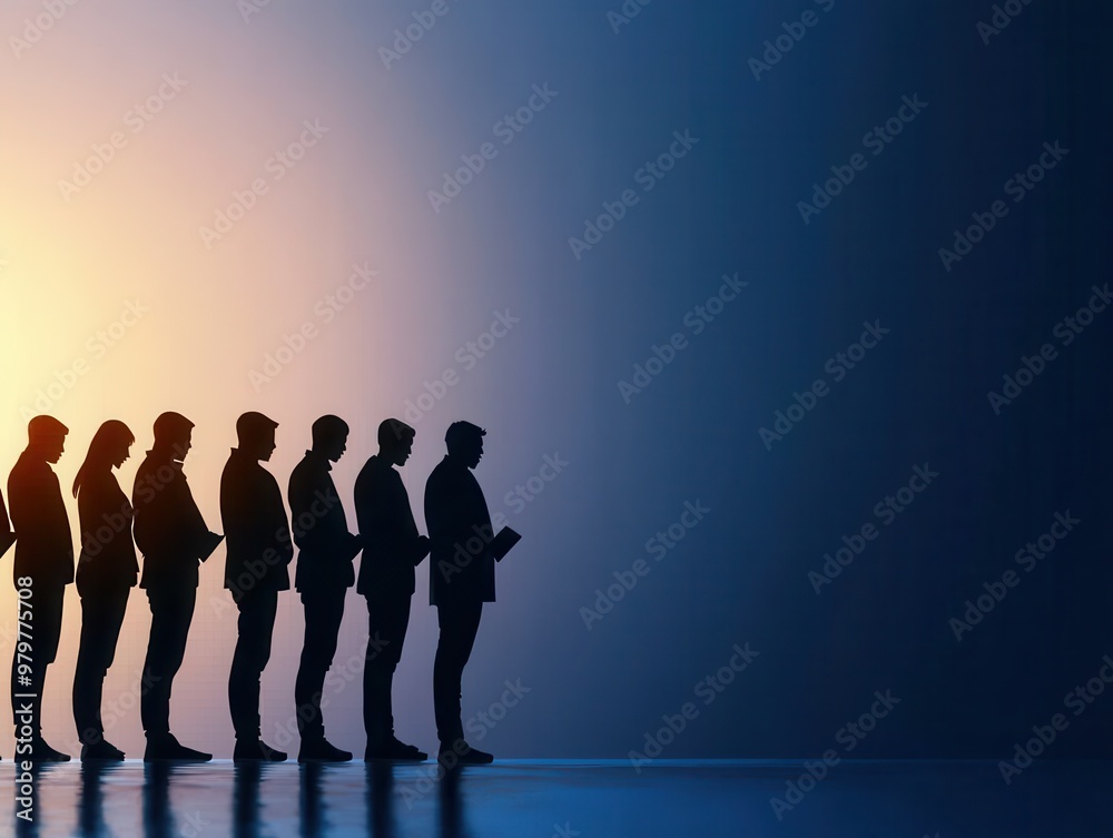 Silhouetted figures of professionals standing in line against a gradient background, symbolizing teamwork and collaboration. Silhouetted figures of professionals standing in line against a gradient background, symbolizing teamwork and collaboration.