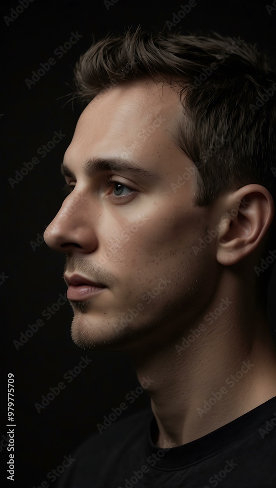 Monochrome side profile of a man with short hair on a minimal black background. Monochrome side profile of a man with short hair on a minimal black background.