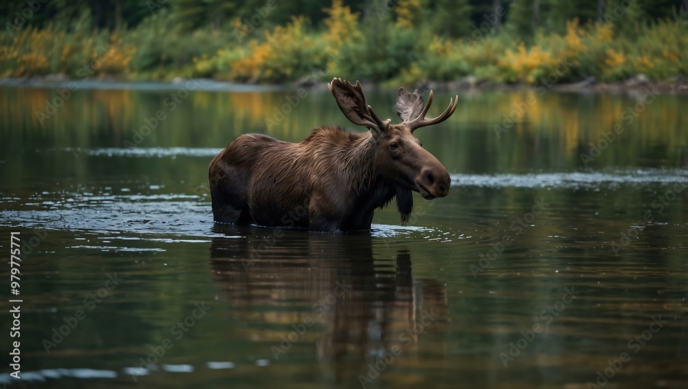 Moose wading in a serene river. Moose wading in a serene river.
