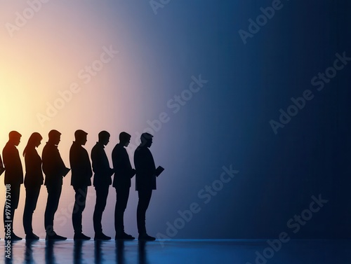 Silhouetted figures of professionals standing in line against a gradient background, symbolizing teamwork and collaboration.