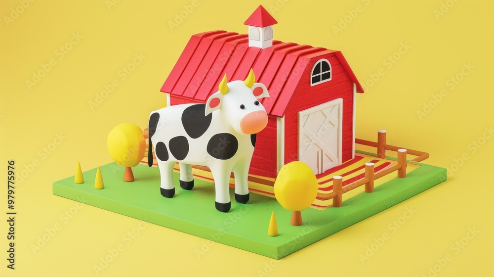 Fototapeta premium Cute Cartoon Cow with Barn