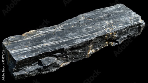 Rough stone fragment floating in isolation against a dark background showcasing geological texture photo