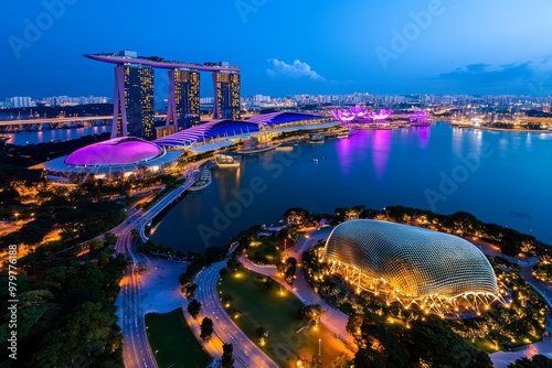 Aerial timelapse of Singapore at night, featuring the Marina Bay Sands and Gardens by the Bay aglow with color