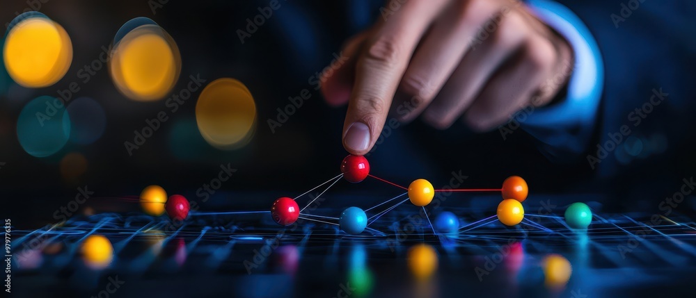 A businessman analyzes data with colorful nodes on a digital interface, symbolizing innovation and connectivity in technology. A businessman analyzes data with colorful nodes on a digital interface, symbolizing innovation and connectivity in technology.