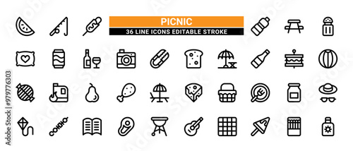 36 Picnic Line Icons Set Pack Editable Stroke Vector Illustration.