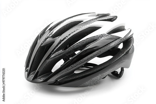 Stylish black and white cycling helmet design for safety and performance on the road or trail. Perfect for athletes and enthusiasts. photo