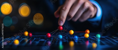 A businessman analyzes data with colorful nodes on a digital interface, symbolizing innovation and connectivity in technology.