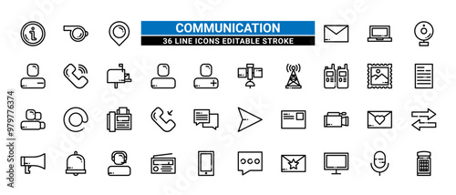 36 Communication Line Icons Set Pack Editable Stroke Vector Illustration.