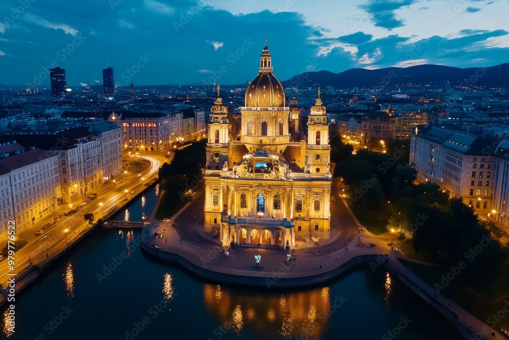 Obraz premium Aerial timelapse of Vienna at night, with the city’s grand architecture illuminated against the dark sky
