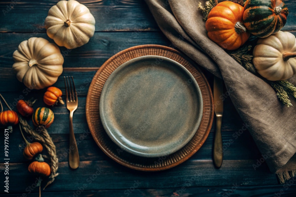 Beautiful autumn table setting. A plate with a cotton napkin and pumpkins. Vintage dining table on a wooden background. The concept of festive serving for Thanksgiving. Beautiful autumn table setting. A plate with a cotton napkin and pumpkins. Vintage dining table on a wooden background. The concept of festive serving for Thanksgiving.