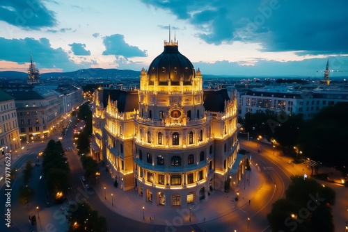 Aerial timelapse of Vienna at night, with the cityâ€™s grand architecture illuminated against the dark sky