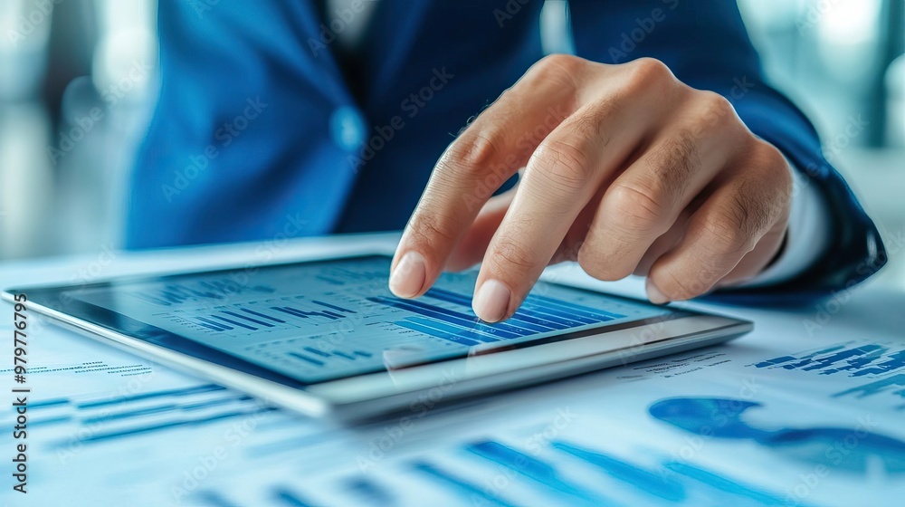 A business professional using a tablet to view graphs and charts, highlighting digital analytics and modern workplace technology. A business professional using a tablet to view graphs and charts, highlighting digital analytics and modern workplace technology.