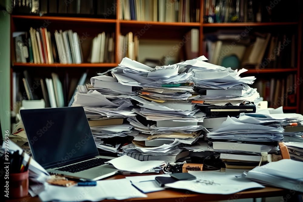 A chaotic workspace filled with stacks of papers, a laptop, and scattered office supplies, representing overload and clutter. A chaotic workspace filled with stacks of papers, a laptop, and scattered office supplies, representing overload and clutter.