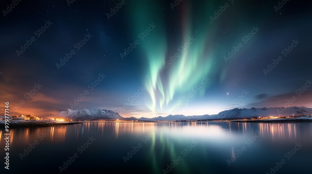 Celestial spectacle, aurora over Arctic ocean, peaceful night. Celestial spectacle, aurora over Arctic ocean, peaceful night.