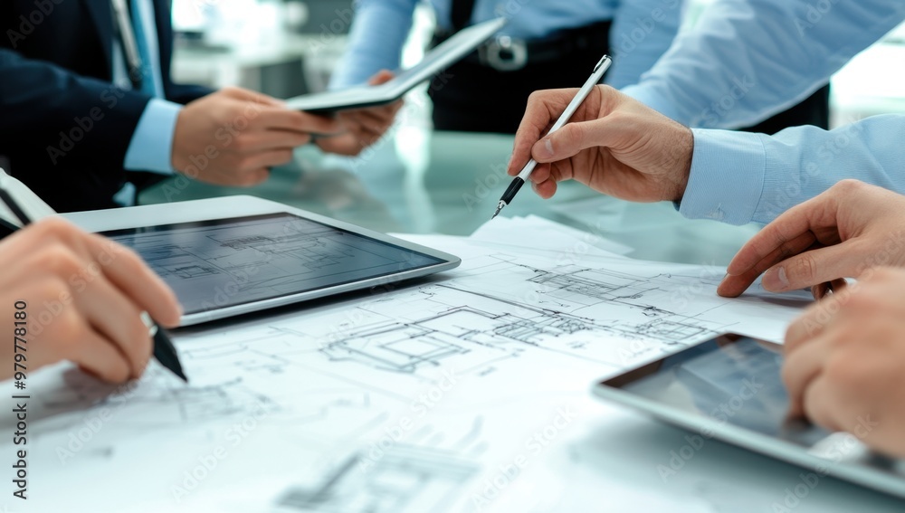 A group of people in business attire gathered around an interactive table, holding digital tablets and drawing on blueprints with stylus pens Generative AI A group of people in business attire gathered around an interactive table, holding digital tablets and drawing on blueprints with stylus pens Generative AI