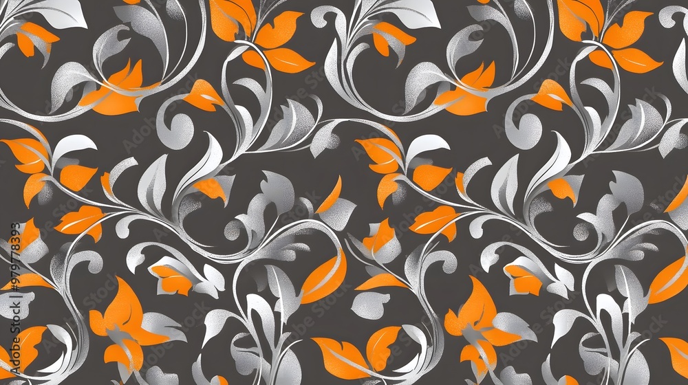 Flowers, Florals, Leaves, Shapes, Waves, Silver and Orange, Abstract Image, Texture, Pattern Background, Wallpaper, Cover and Screen for Smartphone, PC, Laptop, 9:16 and 16:9 Format