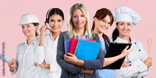 Young Women of different professions posing on background