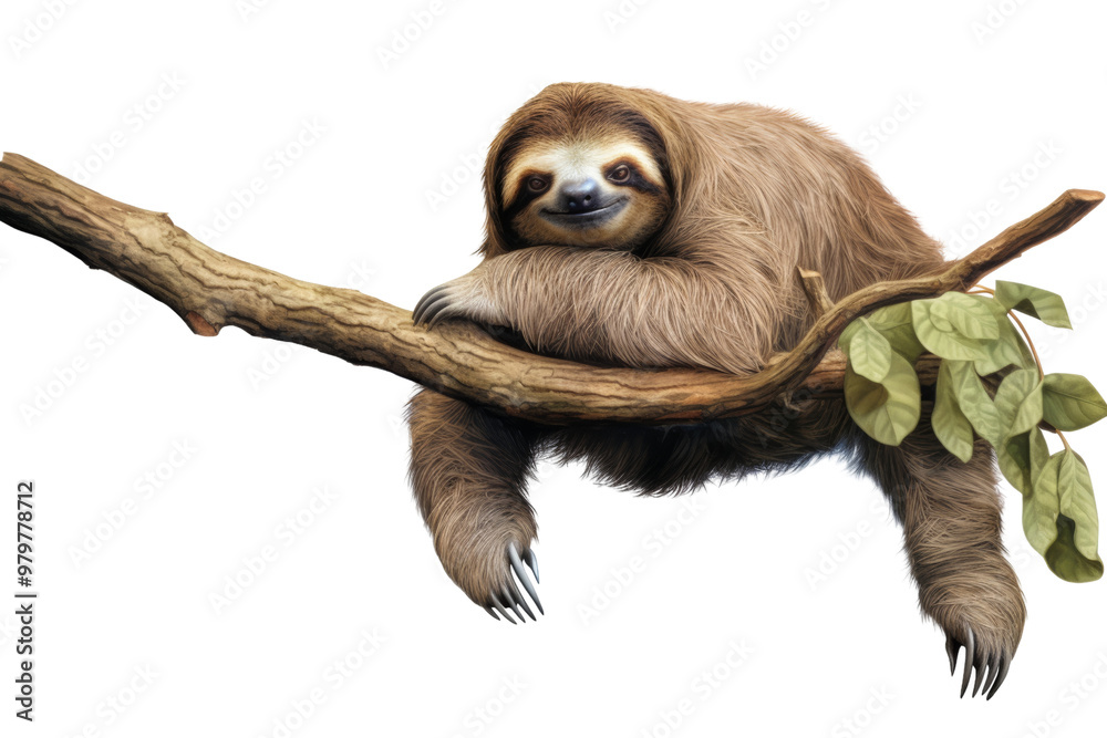 Fototapeta premium Sloth hanging lazily from a branch in the jungle, symbolizing slow-moving wildlife ,Isolated on transparent background.,Isolated on transparent background