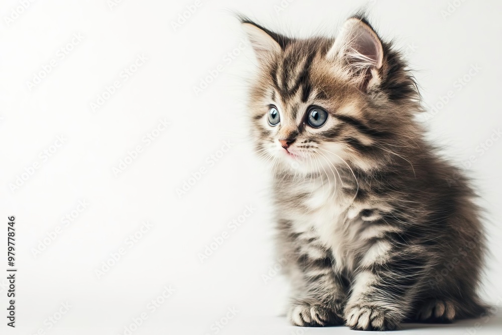 A cute tabby kitten with bright blue eyes sitting gracefully against a clean white background, perfect for pet-themed projects.